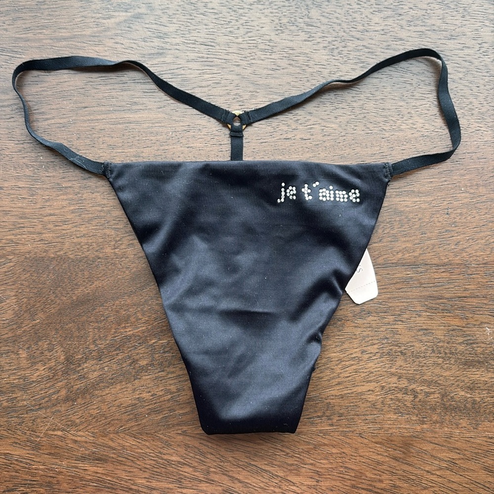 Victoria’s Secret Satin Rhinestone V-String Thong Panty Black Y2K Size M NWT